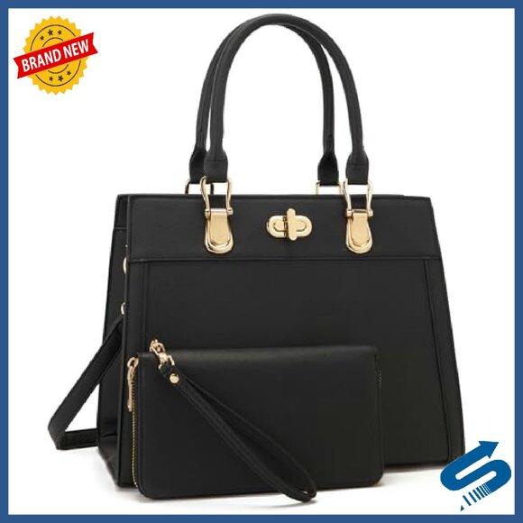 Large Vegan Leather Tote with Wallet Set, 7 Pockets, Crossbody Strap